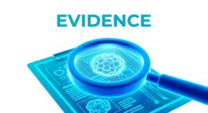 의학 서류를 확대경으로 검토하는 모습과 EVIDENCE 텍스트